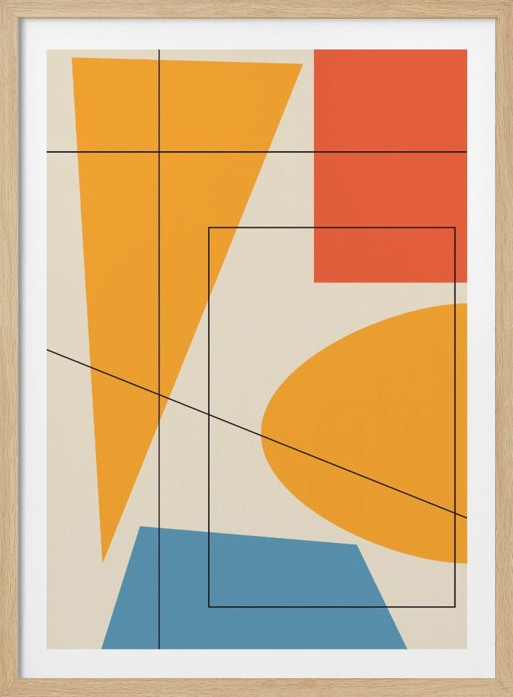 An abstract art print in a black frame, featuring overlapping geometric and organic shapes in orange, red, and blue against a cream background. Thin black lines cut across the composition, creating a sense of depth and structure in a mid-century modern style. Wall Art