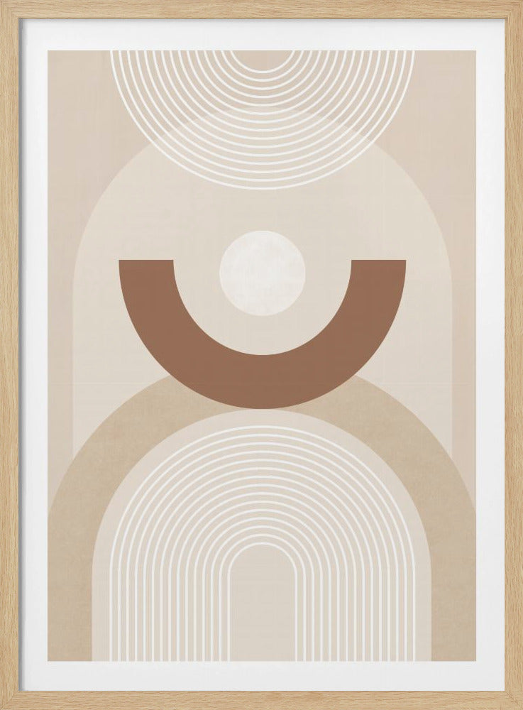 A framed abstract art piece with a vertical orientation and a neutral color palette. The composition features various geometric arcs and circles in shades of brown, beige, and white against a light beige background. Key elements include a bold brown U-shape in the center below a white circle, and two sets of semi-circles made of fine white concentric lines, one at the top and a larger one at the bottom. Artwork