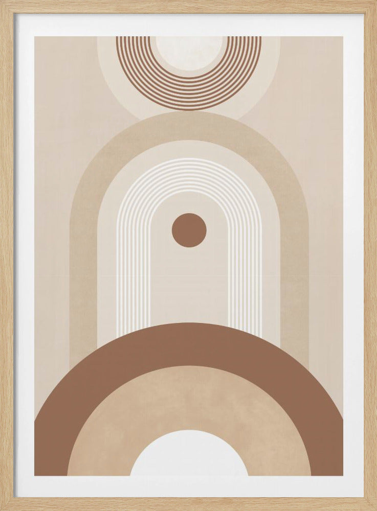 An abstract art piece in a black frame, featuring a composition of stacked geometric shapes in a neutral palette of brown, beige, and white. The design includes concentric arches, semi-circles, and a central dot, creating a balanced and modern aesthetic. Artwork
