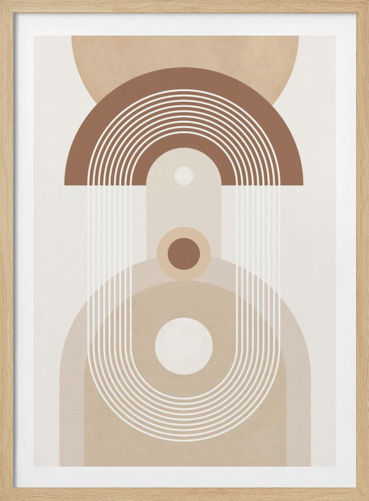 A framed minimalist abstract artwork with a symmetrical design. It features geometric shapes like arches, circles, and lines in a palette of brown, beige, and off-white, creating a totem-like figure on a light background. Decor