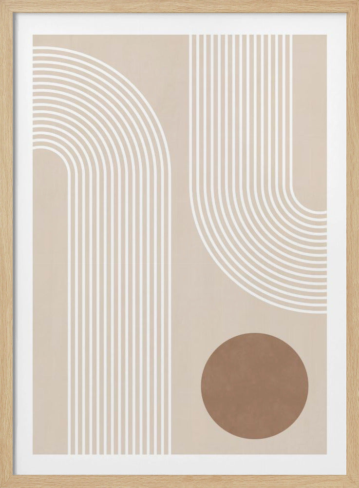 A modern abstract art piece in a black frame, featuring a beige background with geometric shapes. The shapes consist of parallel white lines forming a tall arch on the left and a curved U-shape on the right. A solid brown circle is positioned in the bottom right corner. Wall Art