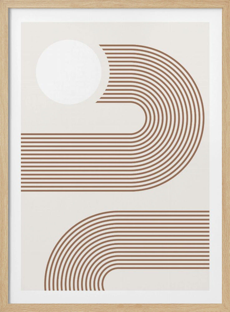 A minimalist abstract artwork in a black frame featuring a series of thin, parallel brown lines that create sweeping U-curves and horizontal paths on a light beige background. A solid white circle, like a sun, is positioned in the upper left corner, partially intersected by the flowing lines. Decor