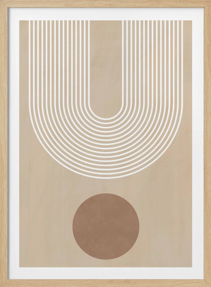 A minimalist abstract art print in a black frame, featuring a large U-shaped arch made of concentric white lines on a beige background. Below the arch, there is a solid brown circle. Artwork
