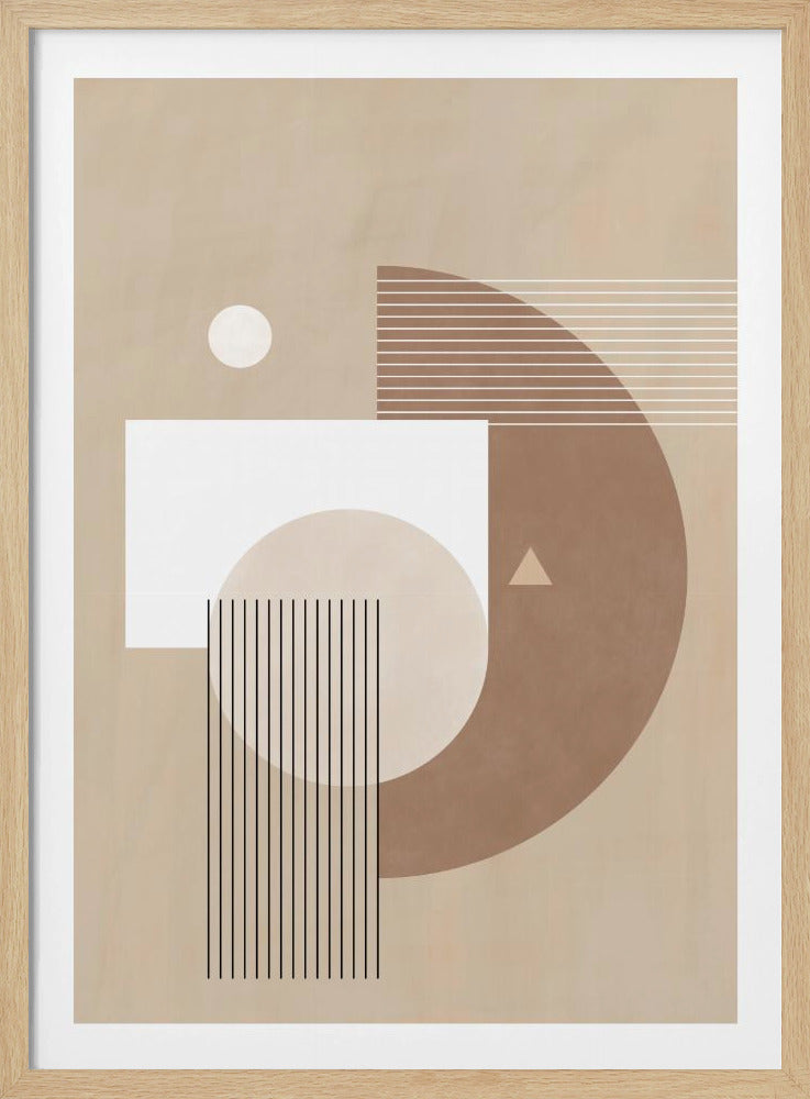 A modern abstract art print in a black frame, featuring a collection of geometric shapes in a neutral color palette of beige, brown, and white. The composition includes a large brown partial circle, a white rectangle, other circles, and sections with fine horizontal and vertical lines. Artwork
