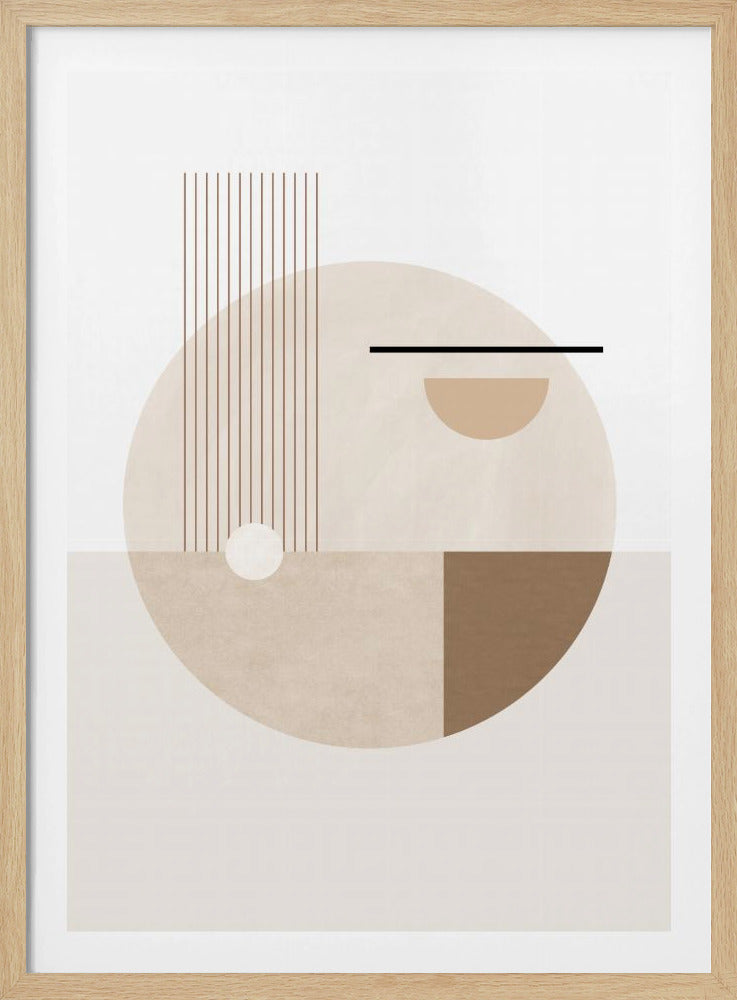 A framed modern abstract artwork with a neutral color palette. A large beige circle dominates the center, set against a background split horizontally between white and light beige. Within the circle are geometric elements including thin vertical brown lines, a black horizontal line, a small white circle, and sections of varying brown tones. Poster