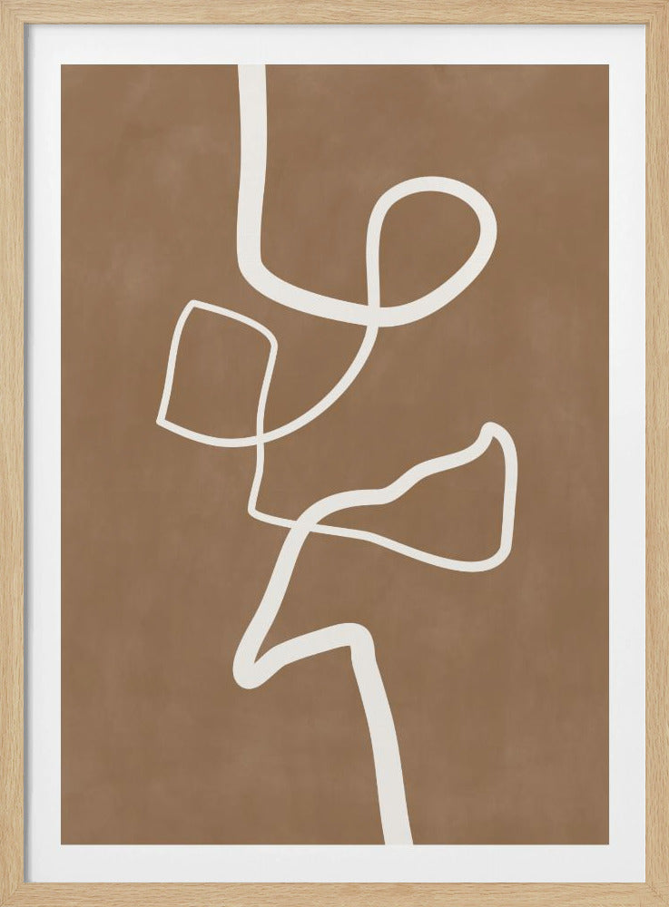 A minimalist abstract artwork in a black frame, featuring a single, continuous thick white line that meanders and loops from top to bottom against a solid, warm brown background. Decor