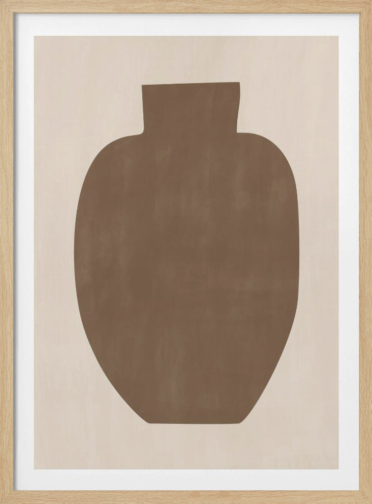 A minimalist art print in a black frame featuring a large, solid brown silhouette of a rustic, wide-bodied vase against a light beige background. Artwork