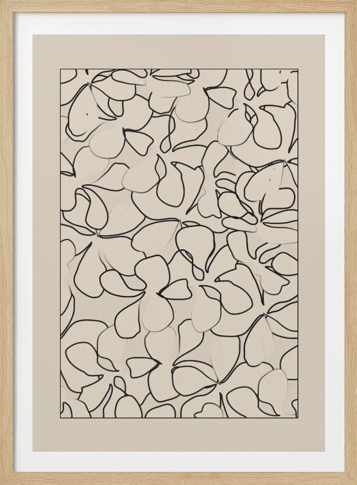 A framed piece of abstract art featuring a dense pattern of overlapping, stylized floral or petal shapes created with continuous black lines on a light cream background. The artwork is minimalist and modern, presented within a thin black frame and a cream mat. Artwork