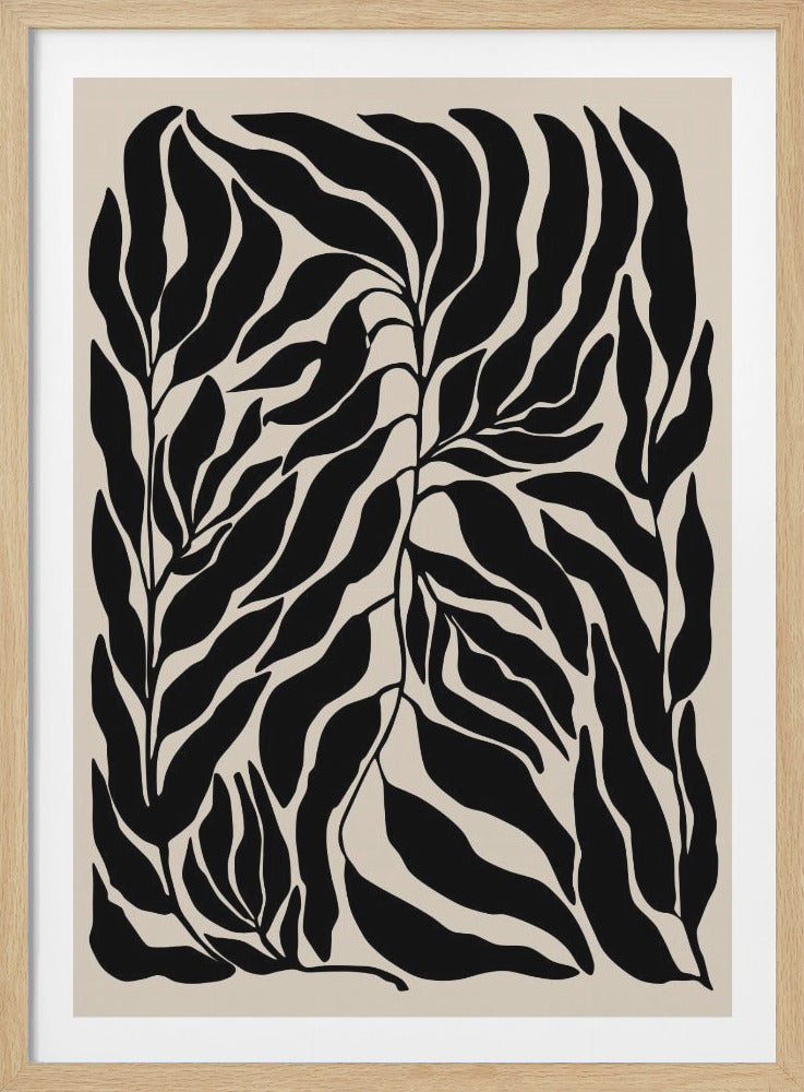 A minimalist abstract art print featuring bold, black, seaweed-like foliage against a light beige background. The organic shapes are densely packed, creating a flowing and dynamic pattern within a thin black frame. Wall Art