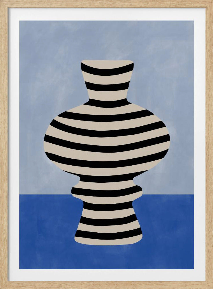 An abstract art print of a vase with horizontal black and beige stripes. The vase has a curvaceous, modern silhouette and is set against a color-blocked background with a light blue top half and a deep royal blue bottom half, all enclosed in a thin black frame. Poster