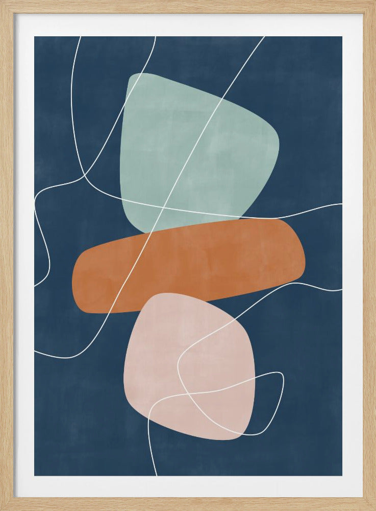 A modern abstract painting featuring a stack of three large, organic, stone-like shapes against a dark, textured navy blue background. The top shape is a muted seafoam green, the middle is a burnt orange, and the bottom is a dusty pink. Thin, meandering white lines flow across the entire composition, creating a sense of movement. The artwork is displayed in a thin black frame. Wall Art