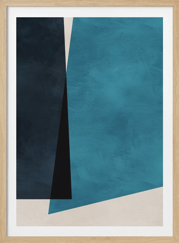 An abstract modern art piece in a black frame, featuring a color block composition of large geometric shapes in navy blue, teal, black, and off-white, with a subtle textured finish. Print