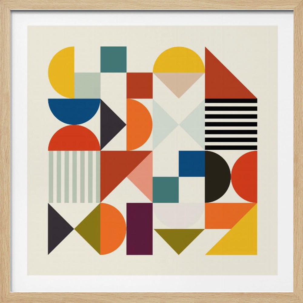 A framed piece of modern abstract art featuring a grid of colorful geometric shapes. The composition includes semi-circles, squares, triangles, and striped patterns in a palette of orange, blue, yellow, teal, and black on an off-white background. Wall Art
