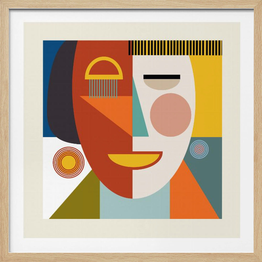 A framed abstract artwork featuring a cubist-style face made of geometric shapes. The face is split vertically, with one side in shades of orange and dark brown, and the other in off-white and yellow, against a color-blocked background of blue, white, and teal. Print