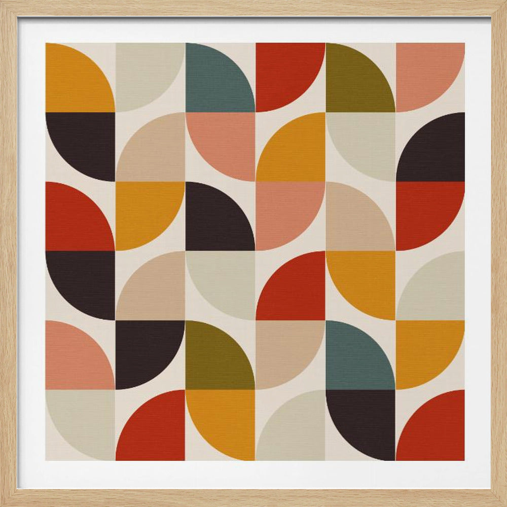 A framed abstract artwork with a repeating grid pattern. Each square in the grid contains two colored quarter-circles, creating a dynamic geometric design in a retro color palette of red, mustard yellow, dark brown, teal, and pink against an off-white background. Artwork