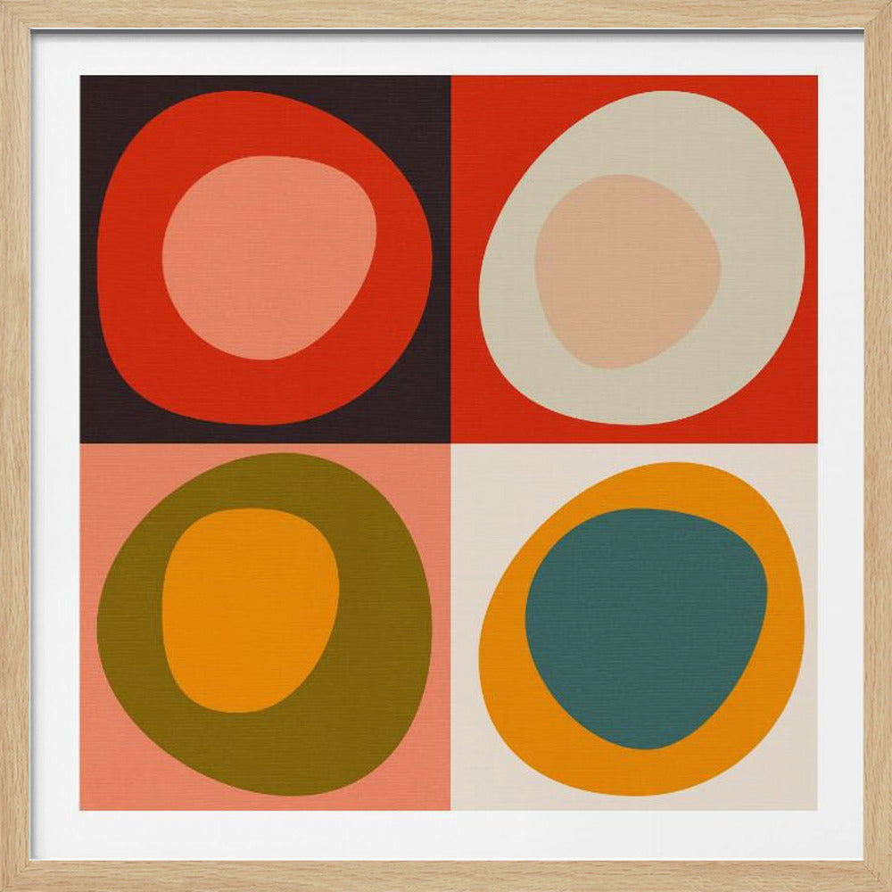 A framed abstract artwork divided into four quadrants. Each quadrant features a large, organic, egg-like shape with a smaller one inside. The color palette is retro, with the top-left using red and pink on dark brown, top-right using beige and cream on red, bottom-left using olive green and orange on pink, and bottom-right using orange and teal on off-white. Poster