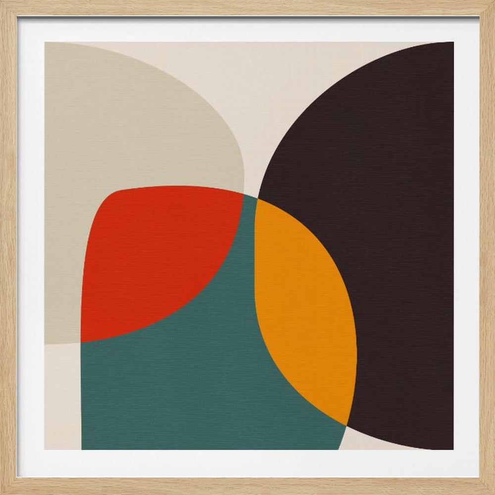 A framed abstract art piece featuring a composition of overlapping, curved shapes in a muted color palette of red, teal, dark brown, and mustard yellow against a beige background. The piece has a textured, canvas-like appearance and is housed in a simple, light wood frame. Decor