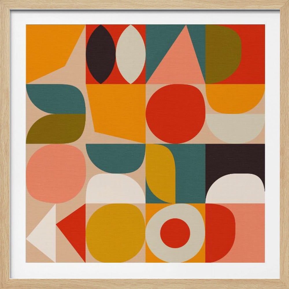 A framed abstract art piece featuring a grid of colorful geometric shapes. The design includes circles, triangles, and stylized leaf forms in a warm palette of orange, red, teal, mustard yellow, and olive green against a light beige background, evoking a mid-century modern style. Print