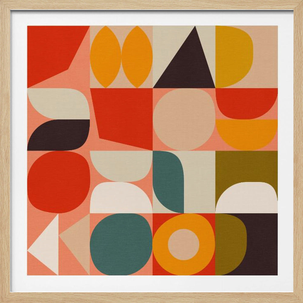 A framed abstract artwork featuring a grid of colorful geometric shapes. The design includes circles, squares, triangles, and curved forms in shades of red, orange, yellow, teal, dark brown, and cream, set against a salmon-pink background, creating a modern, retro feel. Poster