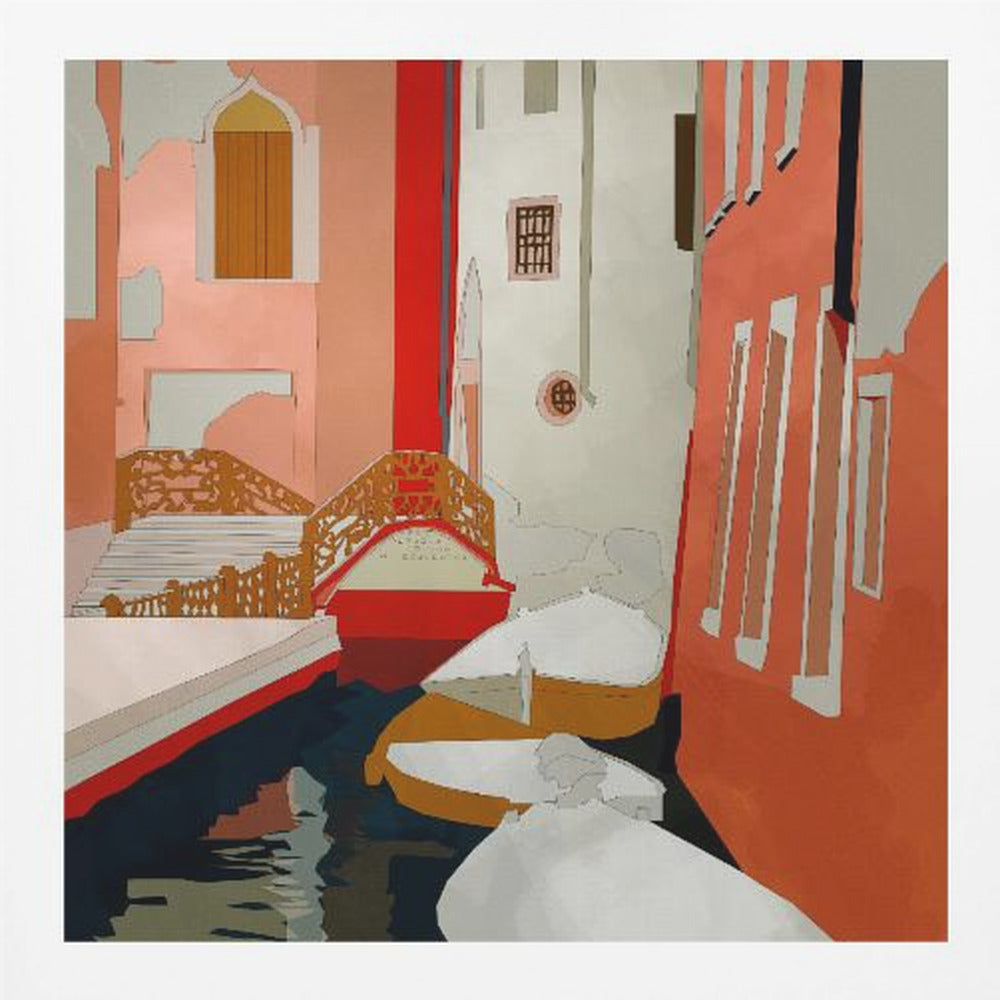 A framed graphic illustration of a Venetian canal scene, featuring orange and pink buildings, an ornate bridge, and simple boats floating on dark blue water, all rendered in a bold, block-color style. Artwork