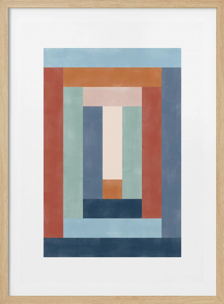 An abstract art piece featuring a series of interlocking rectangles in muted earth tones, including shades of blue, terracotta red, orange, and pale green. The composition is reminiscent of a log cabin quilt pattern, matted in white and presented in a simple black frame. Poster