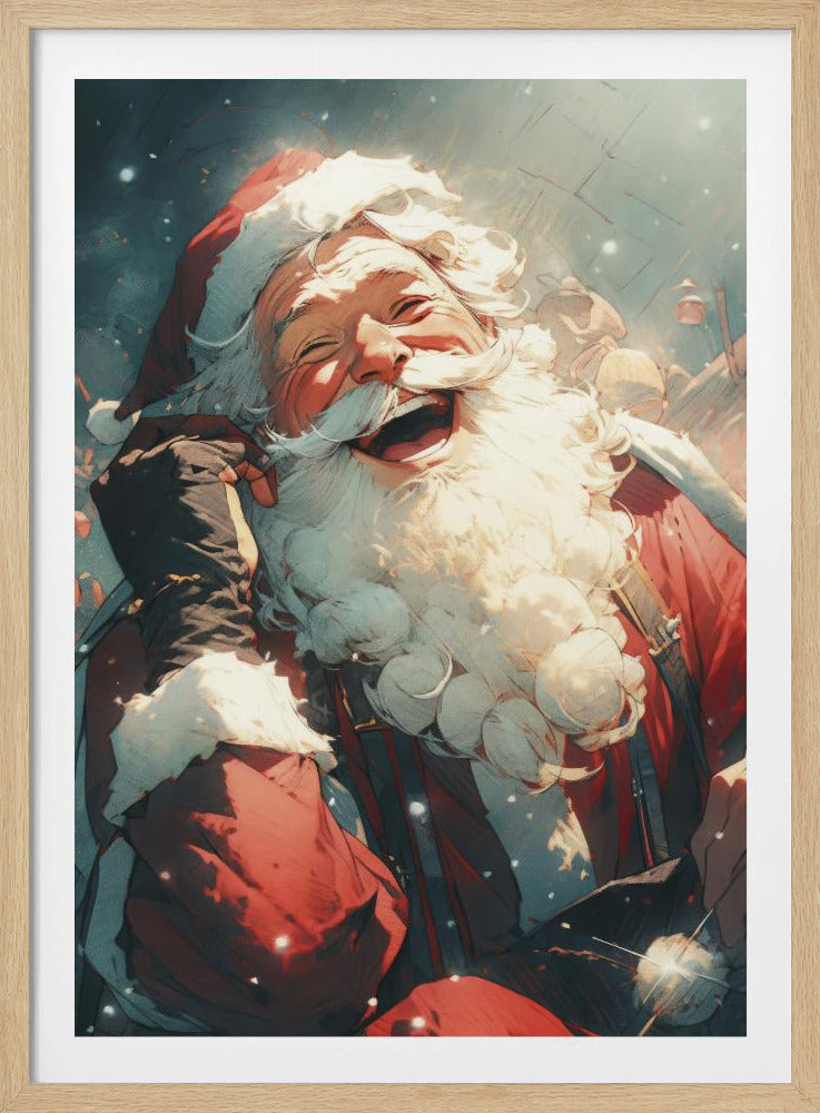 An anime-style illustration of Santa Claus laughing heartily, his head tilted back in joy. He has a full white beard and is wearing his iconic red suit and hat, set against a snowy, blurred background. Poster