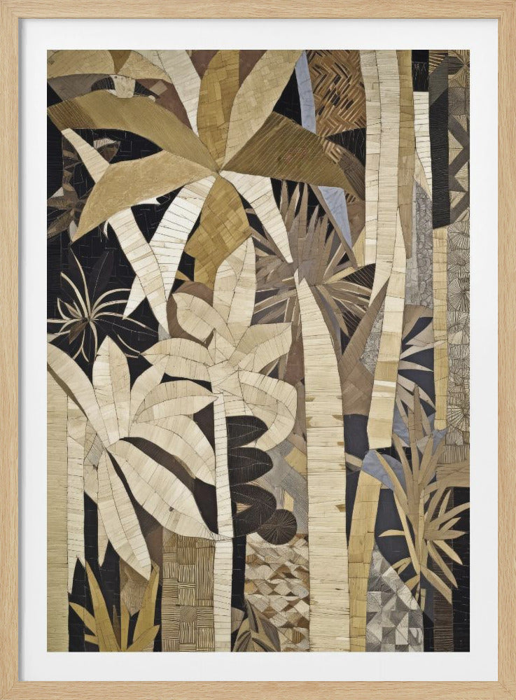 A framed collage artwork of a dense tropical jungle. The scene features stylized palm trees and other foliage created from pieces of straw and wood in various shades of brown, beige, and tan. The intricate, geometric patterns of the materials contrast with the solid black background. Poster