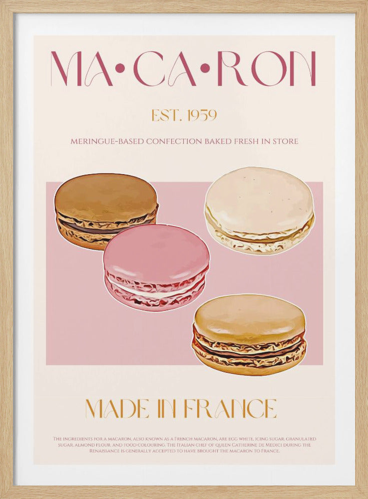 A vintage-style advertisement poster for macarons. At the top, the word 'MACARON' is written in a stylized font, with 'EST. 1959' below. The center features four illustrated macarons in pink, brown, and cream. At the bottom, it says 'MADE IN FRANCE' with a small block of text. The poster has a soft color palette of pink, cream, and brown against a light background, and is shown within a black frame. Wall Art