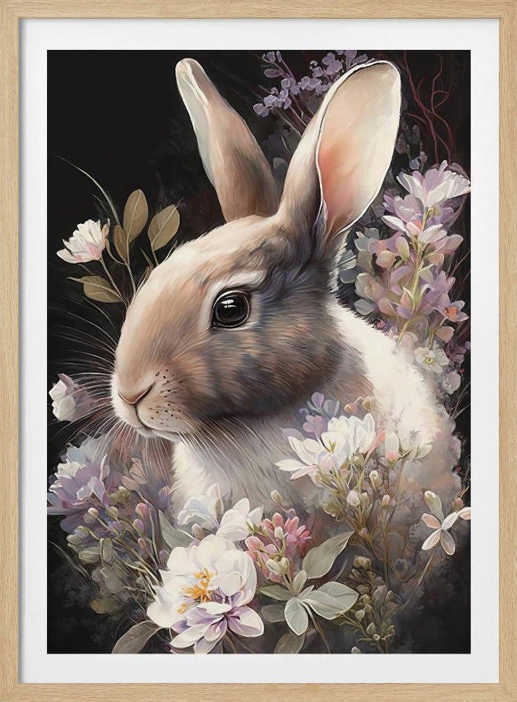 A detailed digital painting of a fluffy brown and white rabbit surrounded by soft white, pink, and lavender flowers against a dark background. The rabbit has large, dark eyes and is looking towards the left. Wall Art