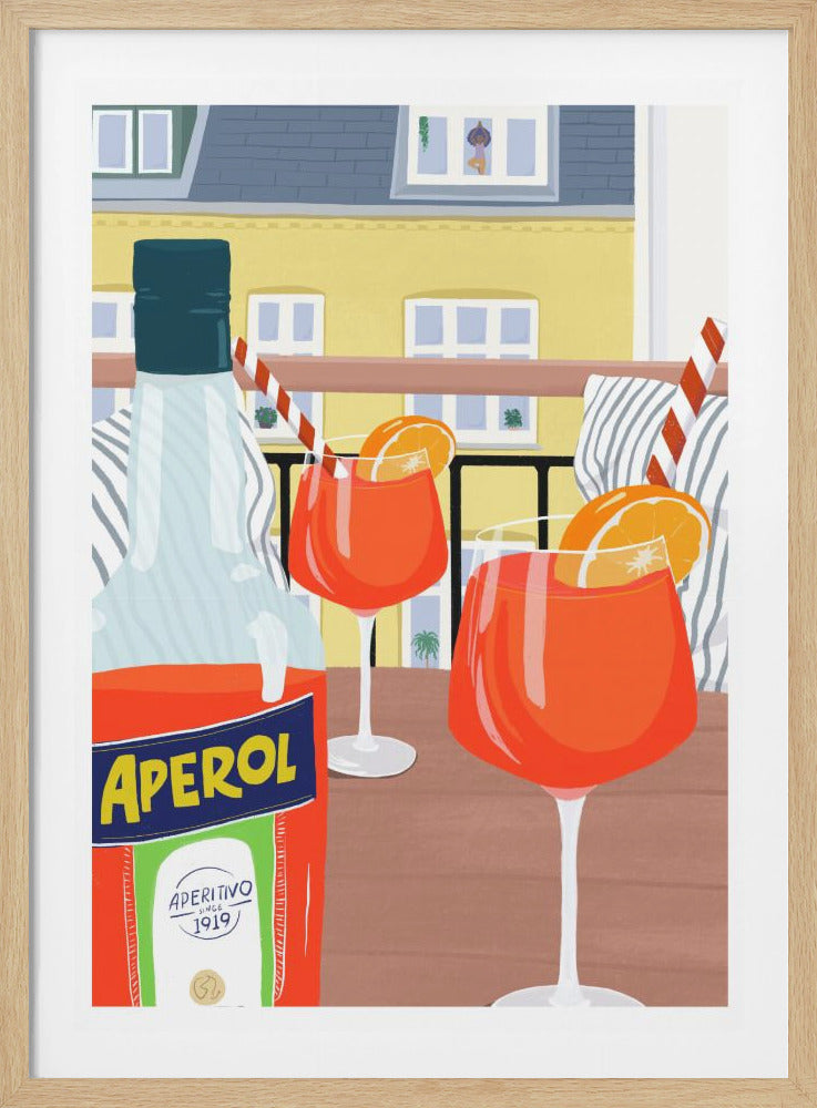 An illustration of a balcony scene with a bottle of Aperol and two vibrant orange Aperol Spritz cocktails on a table. The drinks are garnished with orange slices and striped straws, set against the backdrop of a sunny yellow building. Poster