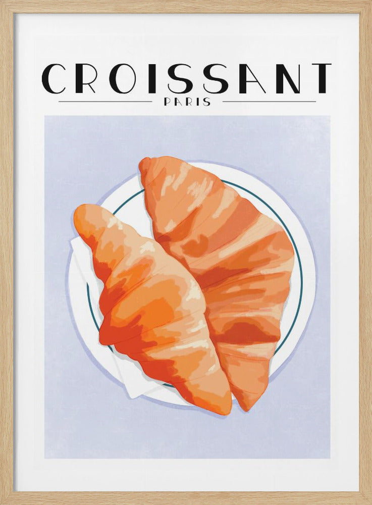 A vintage-style poster illustration of two golden-orange croissants on a white plate. The background is a soft lavender-blue, and at the top, the word 'CROISSANT' is written in a bold black font with 'PARIS' underneath. Wall Art