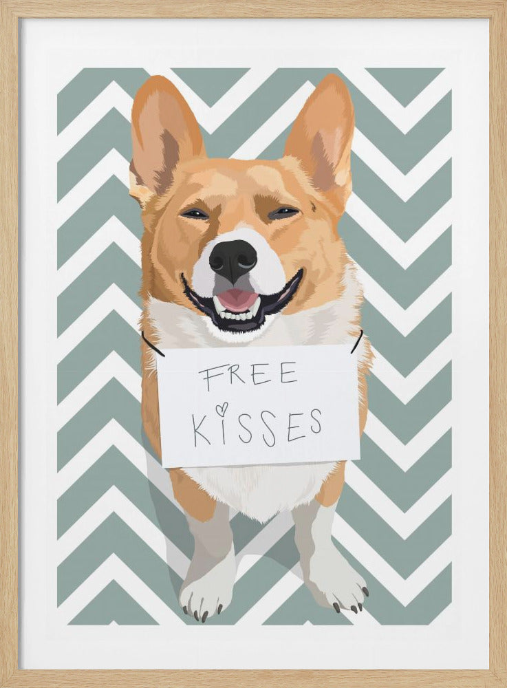 An illustration of a happy Corgi dog smiling with its tongue out, wearing a sign around its neck that reads 'FREE KISSES' in handwritten text. The background is a gray-blue and white chevron pattern, and the artwork is enclosed in a black frame. Poster