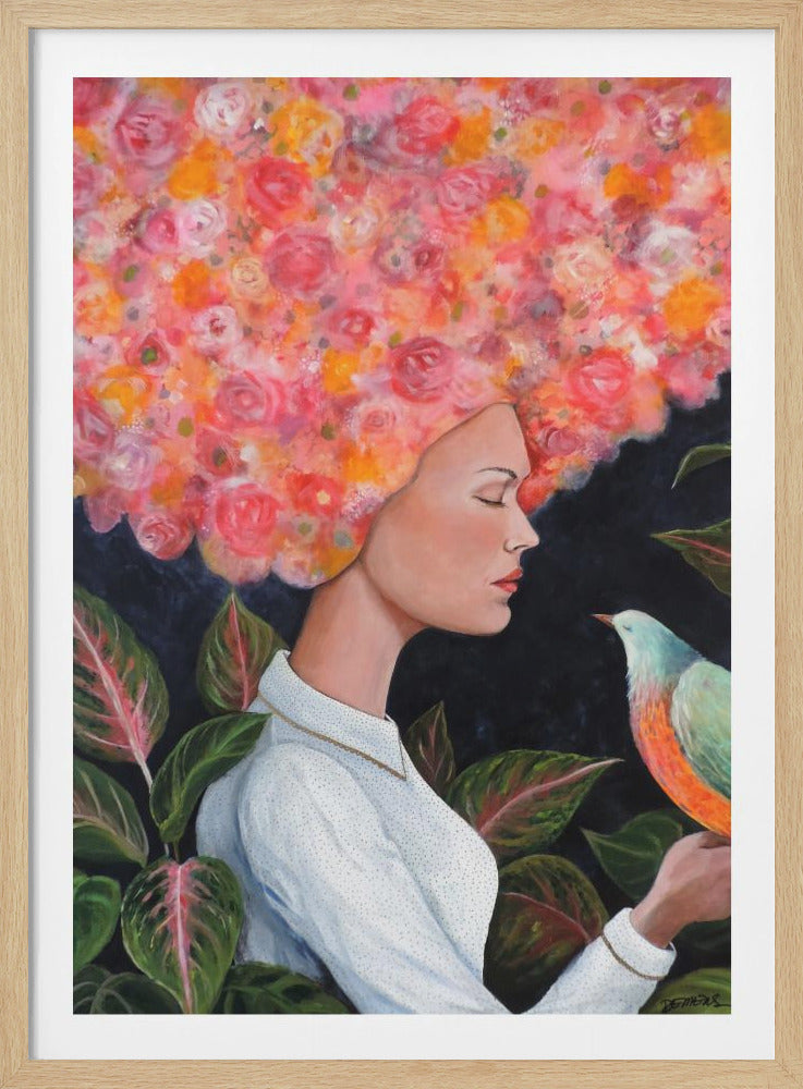A surrealist painting of a woman in profile with her eyes closed. Her voluminous hair is composed of a dense bouquet of pink and orange roses. She is surrounded by lush green and pink leaves against a dark background, and a small, colorful bird perches on her outstretched hand. Decor