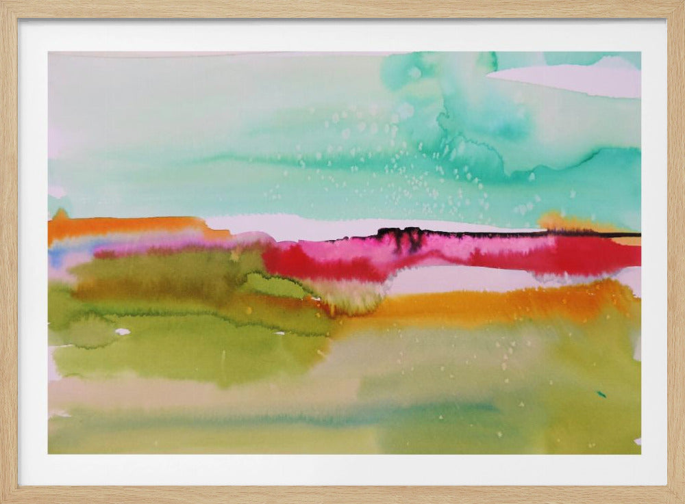 An abstract watercolor painting in a silver frame, featuring horizontal layers of color that evoke a landscape. The top is a soft turquoise green with white speckles, above a vibrant band of magenta, pink, and black. Below this are layers of orange and olive green, with all the colors bleeding softly into one another. Decor