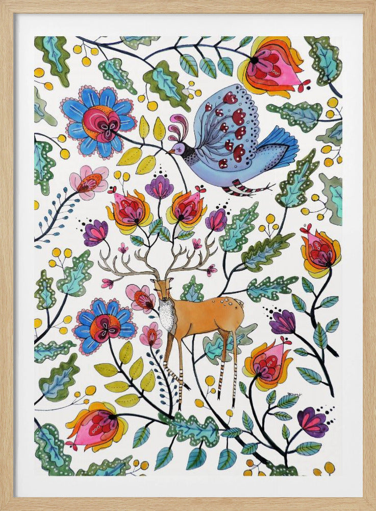 A vibrant, folk art-style illustration featuring a brown deer with large antlers and a blue patterned bird amidst a dense arrangement of colorful, stylized flowers and green leaves on a white background. Poster