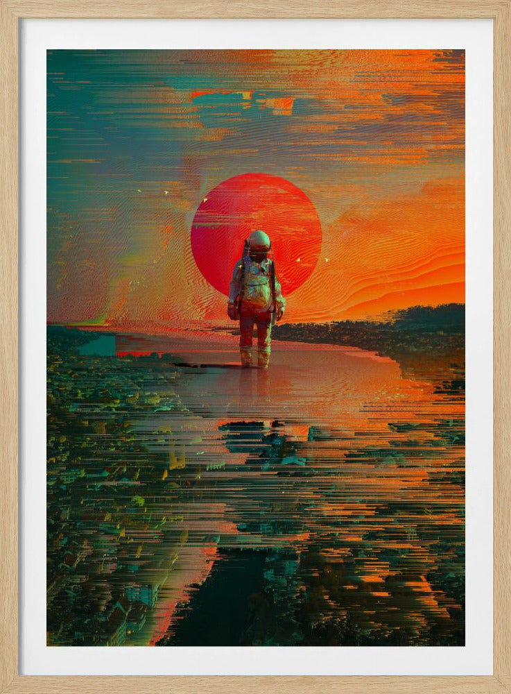 A surreal digital artwork of an astronaut standing in shallow water, with a giant red sun setting in the background against an orange and teal sky. The entire image has a heavy glitch-art effect, with horizontal streaks and pixel sorting that distorts the landscape and reflections. Print