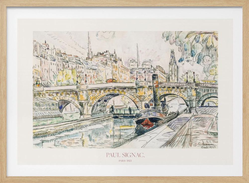 A framed art print of a watercolor painting by Paul Signac titled 'Paris 1923'. The painting depicts a bustling Parisian scene with a stone arch bridge crossing a river. A steamboat is moored on the right, and classic buildings line the background. The style is loose and sketch-like, with soft pastel colors and visible ink outlines. Artwork