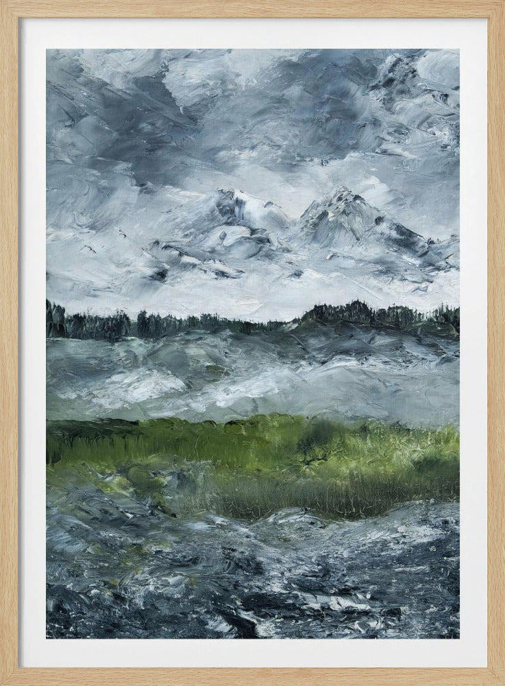 A heavily textured impasto painting of a dramatic mountain landscape under a stormy grey and white sky. Snow-capped peaks rise in the distance above a dark treeline, while a vibrant green field in the foreground provides a splash of color against the otherwise moody, cool-toned scene. The artwork is presented in a simple black frame. Wall Art
