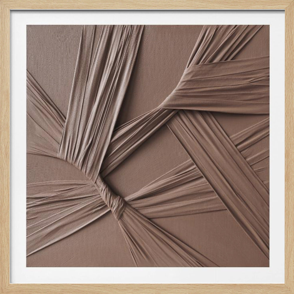A square, abstract wall art piece featuring brown, ruched fabric stretched and knotted across a matching canvas. The fabric strips intersect and radiate from a central point, creating a textured, three-dimensional effect. The artwork is enclosed in a light-colored wooden frame. Decor