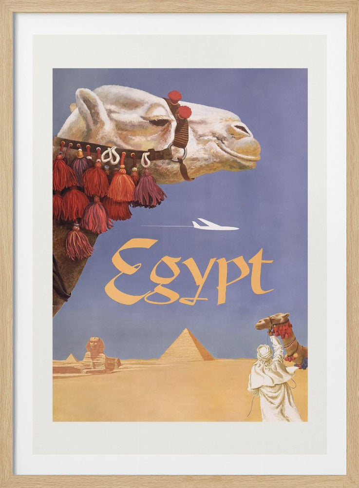 A vintage travel poster for Egypt featuring a close-up of a decorated white camel's head against a blue sky. Below, the word 'Egypt' is written in a stylized font above a desert scene with the Great Pyramids and the Sphinx. In the lower right, a person in white robes stands with another camel. Poster