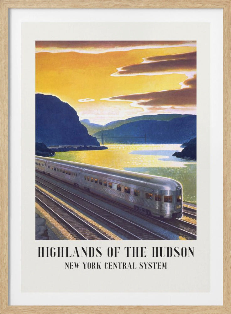 A vintage travel poster for the New York Central System titled 'Highlands of the Hudson'. It features a silver passenger train traveling along tracks next to a river at sunset, with blue mountains and a bridge in the background under a golden sky. Poster