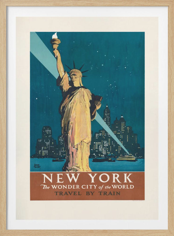 A vintage travel poster for New York City featuring an illustration of the Statue of Liberty at night. The city skyline glows in the background under a starry teal sky, and a banner at the bottom reads 'NEW YORK The WONDER CITY of the WORLD TRAVEL BY TRAIN'. Decor
