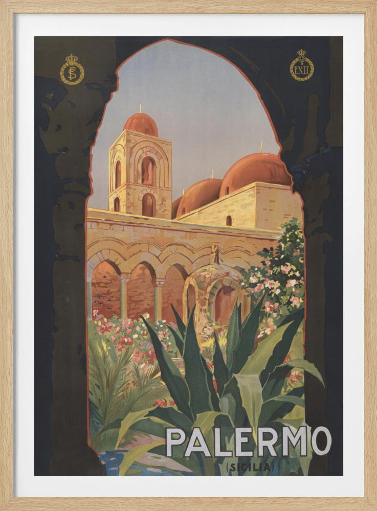 A vintage travel poster for Palermo, Sicily, showing a view through a dark archway into a sunny courtyard. The scene features a historic building with sandy-colored stone, arched colonnades, and terracotta domes, surrounded by a lush garden of green plants and colorful flowers. The word 'PALERMO' is at the bottom. Print