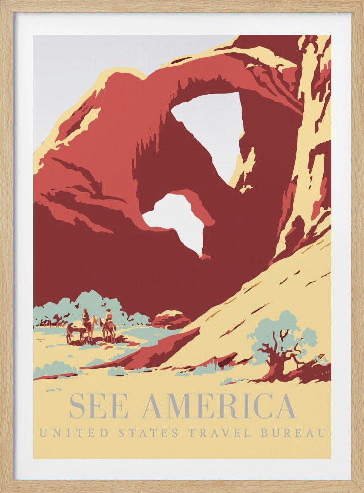 A vintage 'See America' travel poster featuring a large red sandstone arch against a light sky. In the foreground, a desert landscape with muted yellow and blue tones shows two figures on horseback. The bottom of the poster has the text 'SEE AMERICA' and 'UNITED STATES TRAVEL BUREAU'. Wall Art