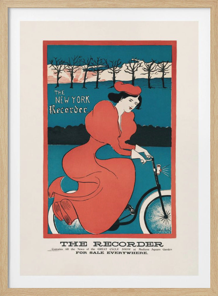 A vintage Art Nouveau poster advertising 'The New York Recorder' newspaper. The illustration depicts a woman in a flowing red dress and matching hat riding a bicycle against a bright teal background with a row of leafless trees. The poster has a red border and is framed in black. Artwork