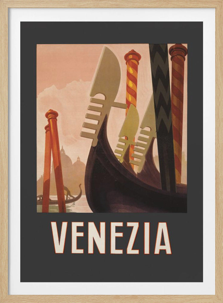 A vintage Art Deco travel poster for Venice, Italy, with the word 'VENEZIA' at the bottom. The illustration features the prows of several gondolas and colorful mooring poles in the foreground, with a canal and the domes of Venetian architecture in the background against a soft pink sky. The artwork is presented with a wide dark gray mat and a black frame. Artwork