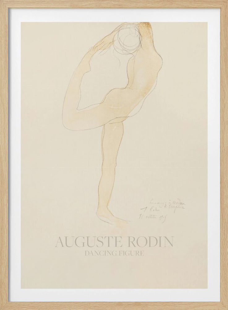 A framed art print of 'Dancing Figure' by Auguste Rodin. The artwork is a minimalist sketch with a light tan watercolor wash of a nude figure in a flexible, contorted dance pose on a cream-colored background. The artist's name and the title are printed at the bottom. Poster