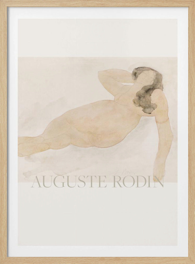A framed watercolor painting by Auguste Rodin of a reclining nude woman. The figure is rendered in soft flesh tones and graphite with dark hair, set against a pale cream and beige background. The artist's name is printed in light text at the bottom. Poster