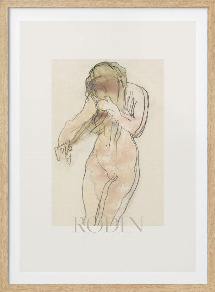 A framed art print of a sketch by Rodin. The artwork features a nude female figure drawn with expressive black lines and filled with soft watercolor washes of pink and beige. The figure is turned partially away, with her head bowed and hands near her face. The piece is set against a cream background with a wide white mat and a thin black frame. Decor