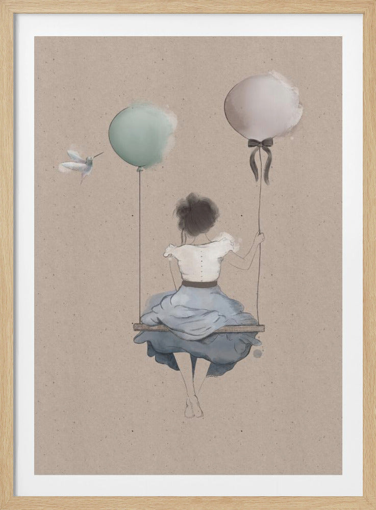 A whimsical illustration of a girl seen from behind, sitting on a wooden swing held aloft by two large balloons, one mint green and one pale white. A small hummingbird flies near the green balloon against a textured beige background. Artwork